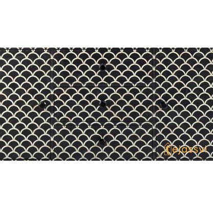 Handmade Bone Inlay Sideboard: Black Fish-Scale Scalloped Credenza / bone inlay console /bone inlay furniture .