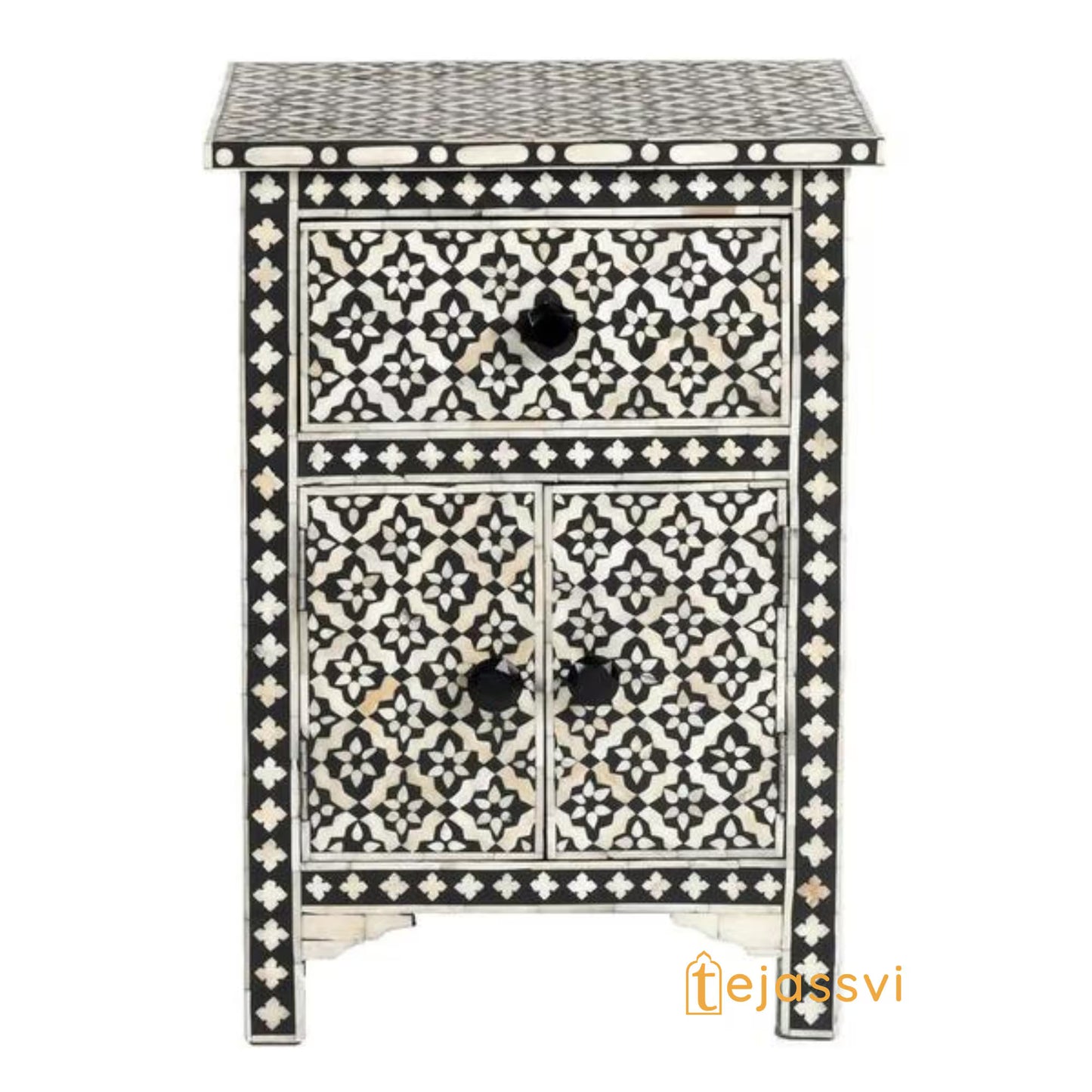 Bone Inlay Nightstand: Arctic Floral Bedside Table with 1 Drawer and 1 Door table bone inlay luxury furniture .