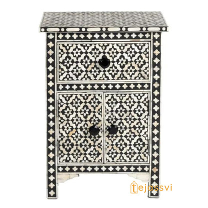 Bone Inlay Nightstand: Arctic Floral Bedside Table with 1 Drawer and 1 Door table bone inlay luxury furniture .