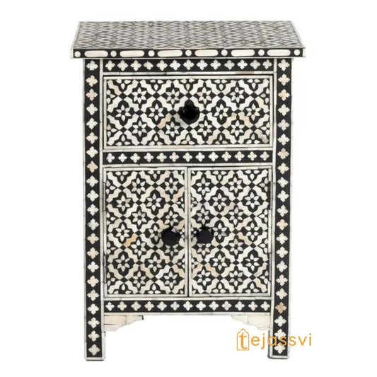 Bone Inlay Nightstand: Arctic Floral Bedside Table with 1 Drawer and 1 Door table bone inlay luxury furniture .
