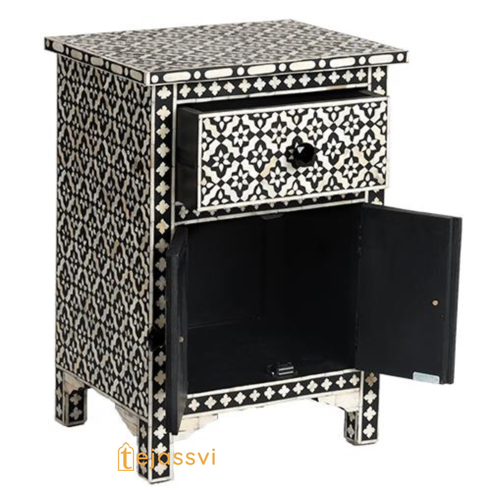 Wooden Bone Inlay Nightstand Table / Floral Bedside Table with 1 Drawer and 1 Door Table Bone Inlay Luxury Furniture.