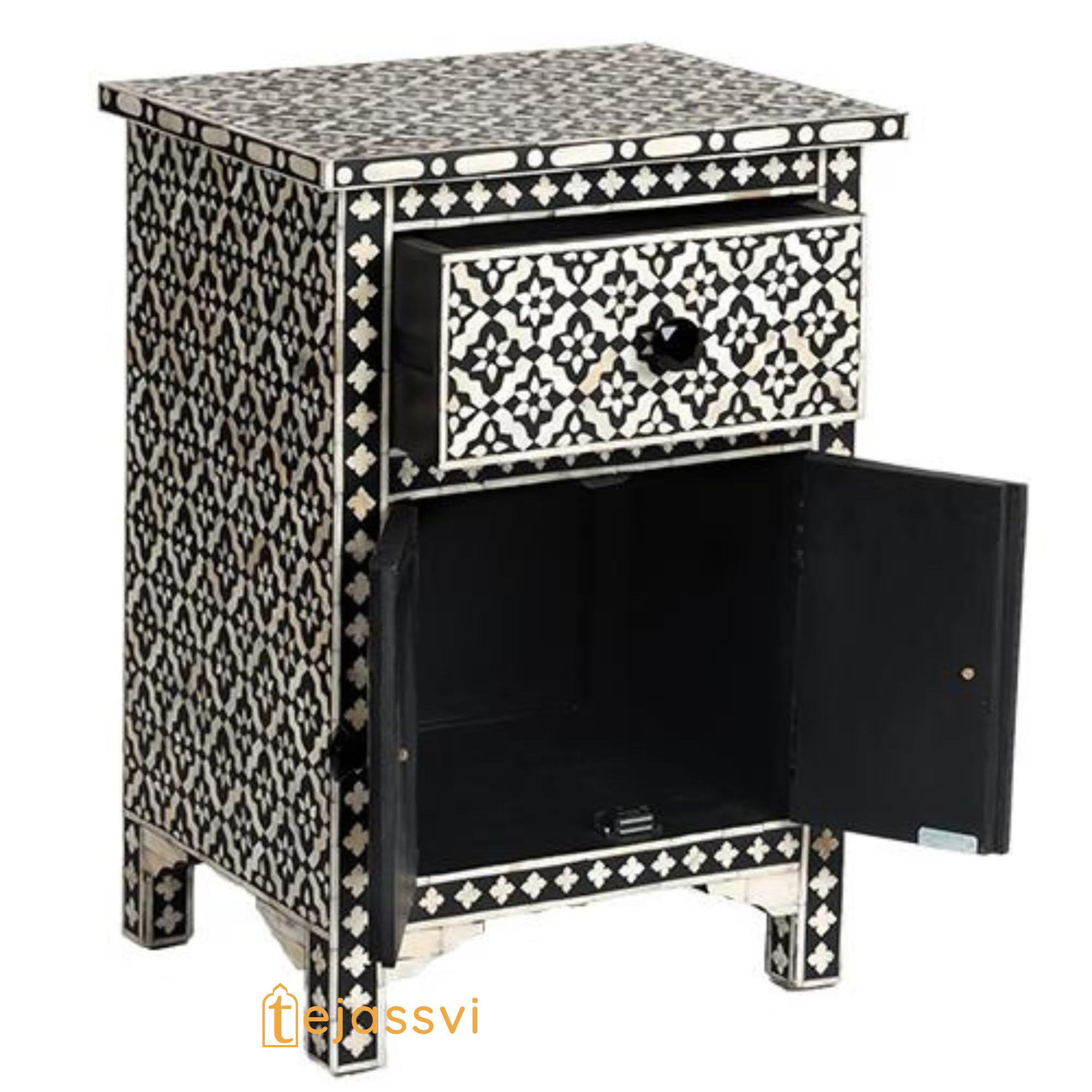 Wooden Bone Inlay Nightstand Table / Floral Bedside Table with 1 Drawer and 1 Door Table Bone Inlay Luxury Furniture.