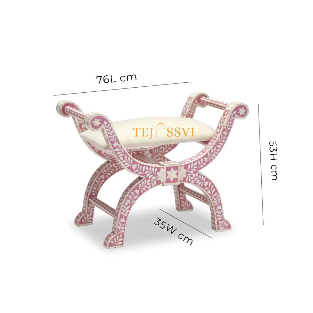 Handmade Bone Inlay Floral Pink Jenny Stool | Bone Inlay chair | Modern Luxury Furniture