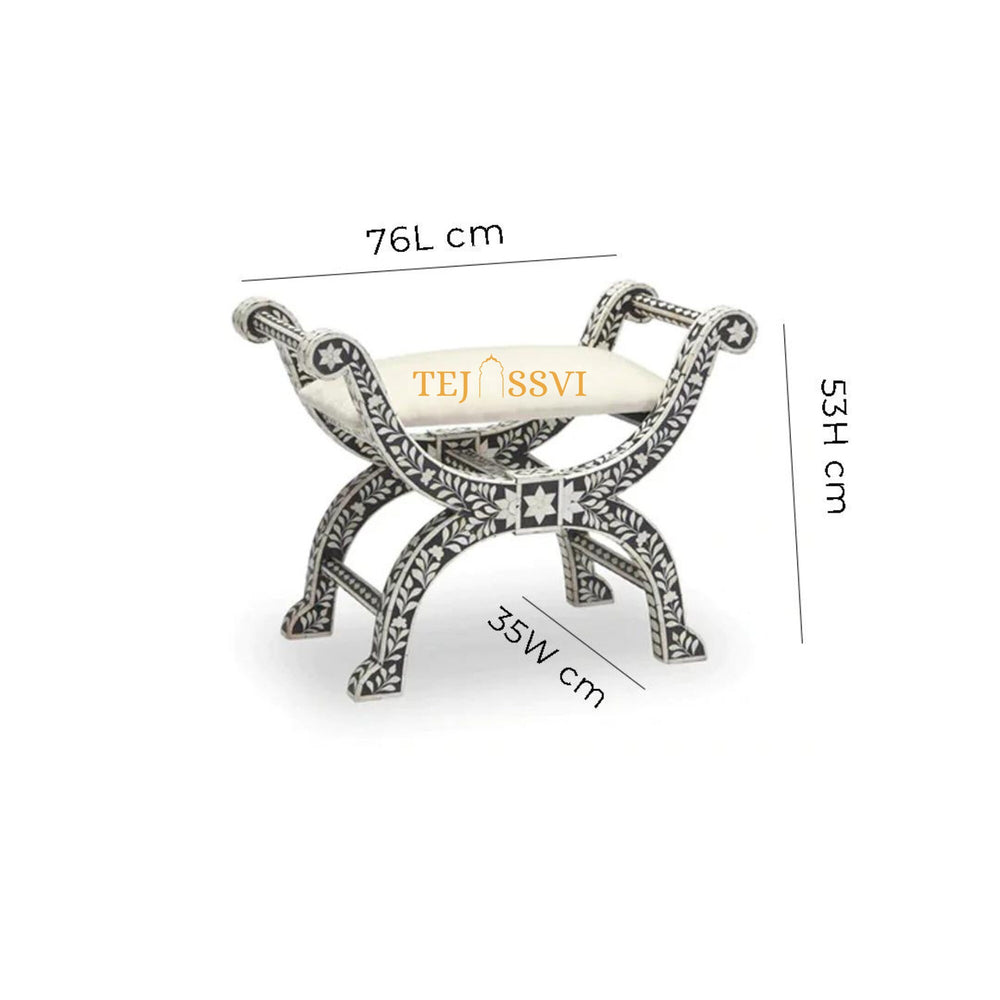 Hnadmade Bone Inlay Floral Black Jenny Stool | Bone Inlay chair | Modern Luxury Furniture