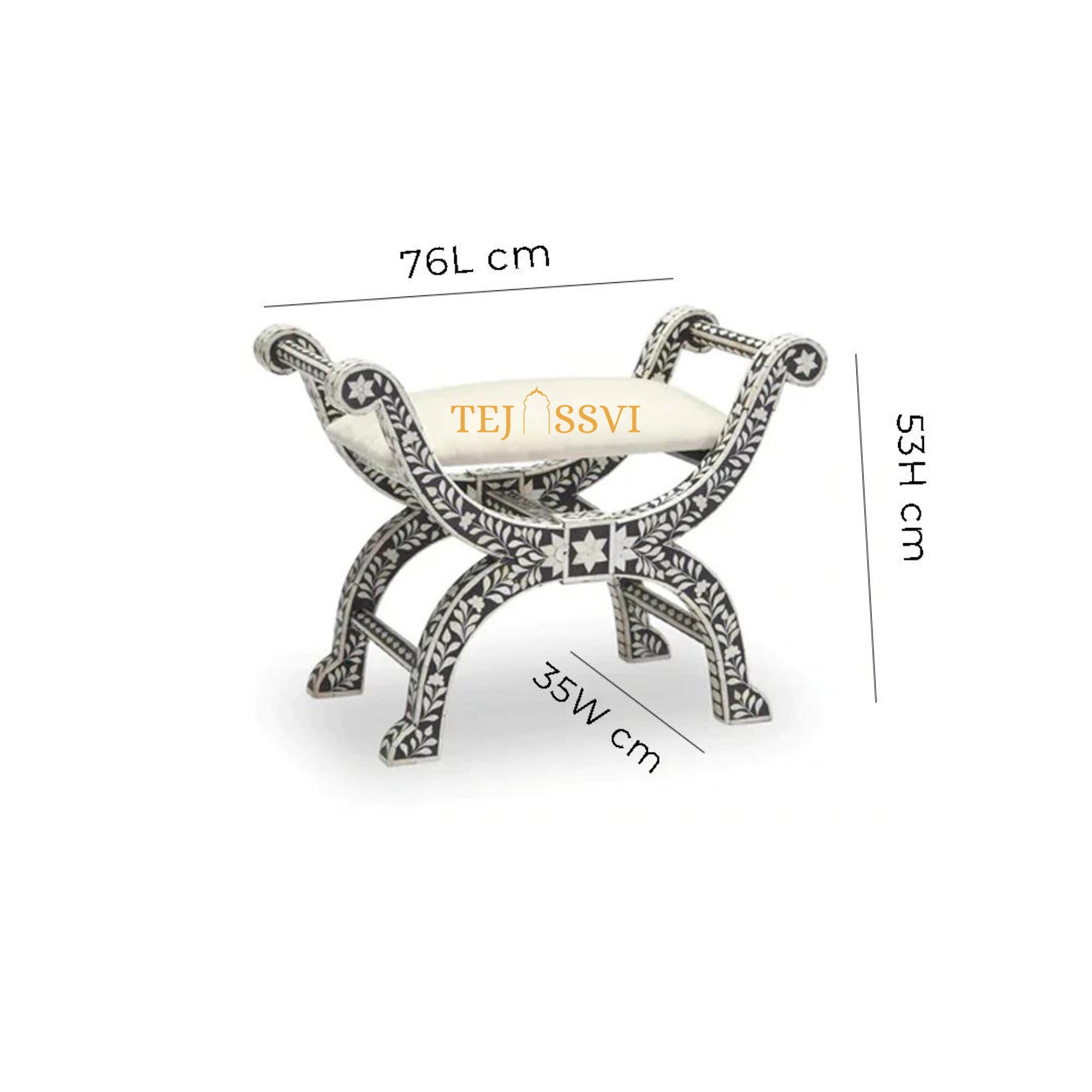 Hnadmade Bone Inlay Floral Black Jenny Stool | Bone Inlay chair | Modern Luxury Furniture