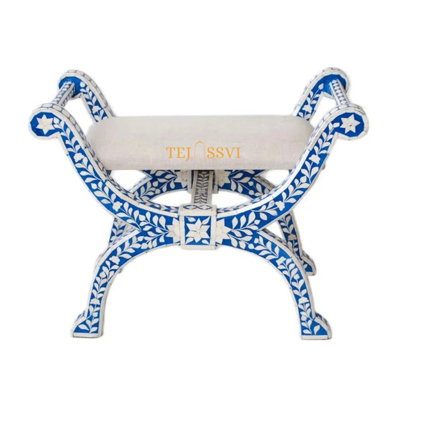 Handmade Bone Inlay Stool: Floral Blue Jenny Chair, Modern Accent Furniture