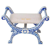 Handmade Bone Inlay Stool Floral Blue Jenny Chair, Modern Accent Furniture / Wooden Bone Inlay stool for home decor.