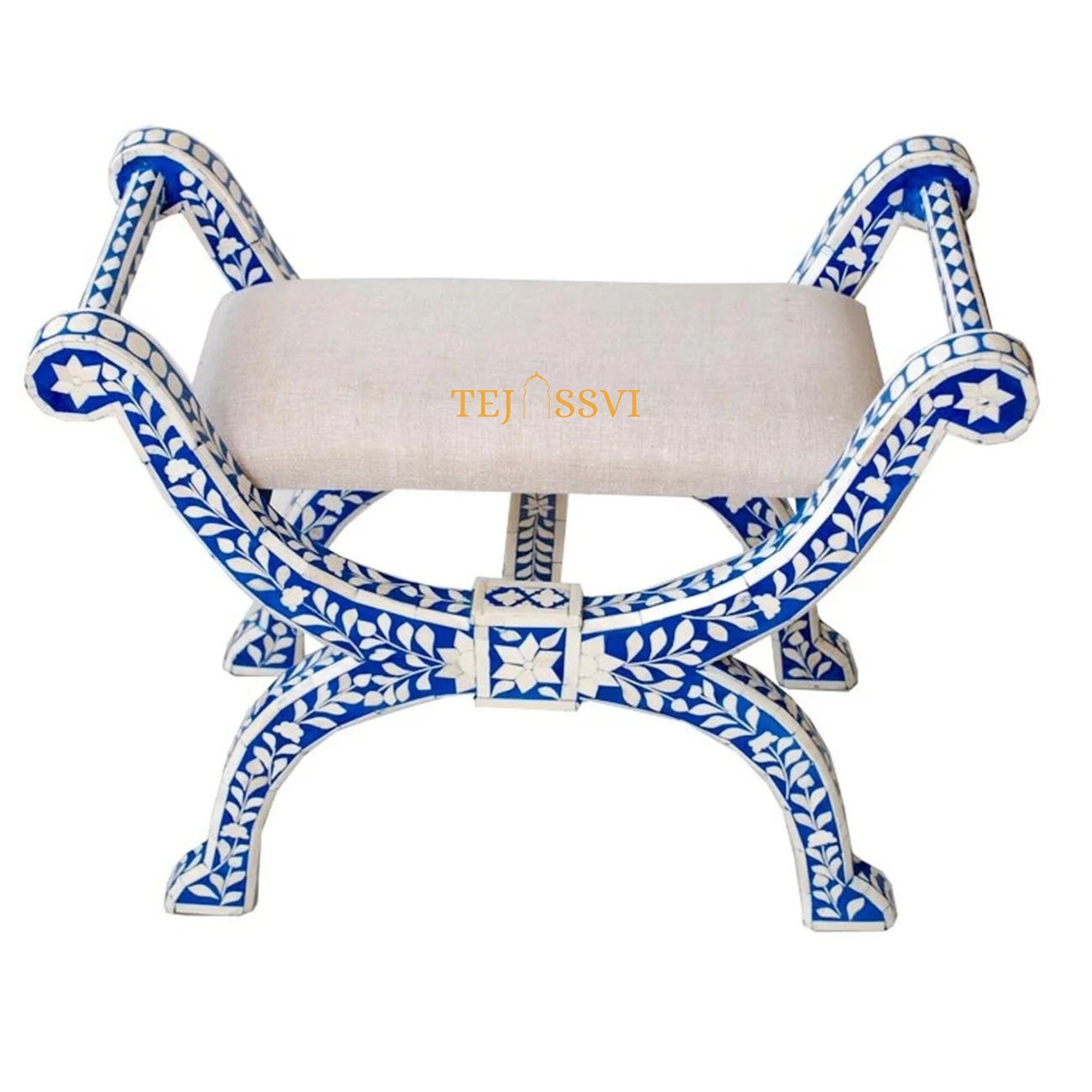 Handmade Bone Inlay Stool Floral Blue Jenny Chair, Modern Accent Furniture / Wooden Bone Inlay stool for home decor.