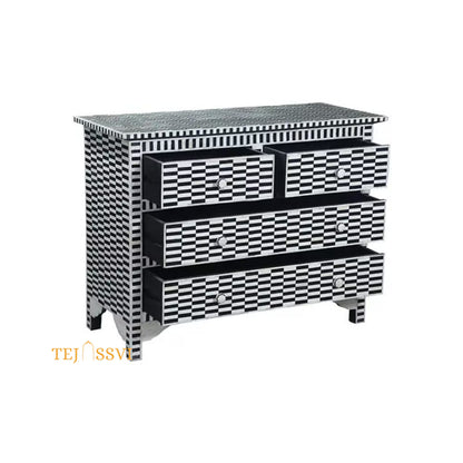 Handmade Bone inlay stripe black & white Bedside Table | Bone inlay Nightstand/Bone Inlay side table/Bone Inlay 4 chest of drawers /Dresser