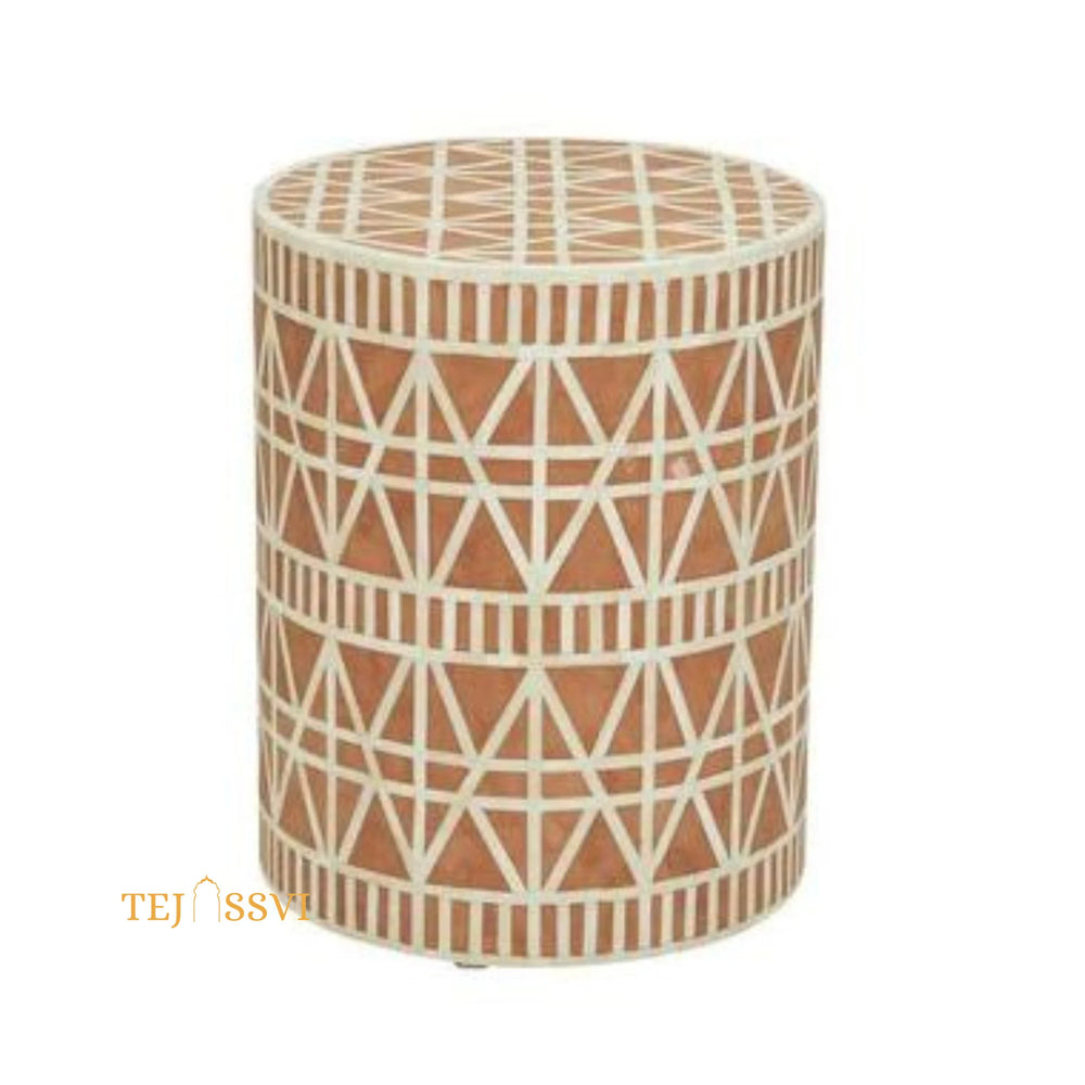 Bone Inlay Handmade Modern Cylindrical Design Side Table | Round Bone Inlay Stool in Orange Color | Sofa Side Table | Modern Luxury Furniture.