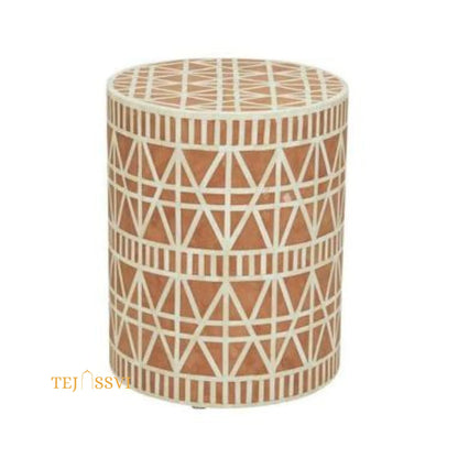 Bone Inlay Handmade Modern Cylindrical Design Side Table | Tribal Bone Inlay Stool in Brown | sofa side Table, Modern Luxury Furniture.