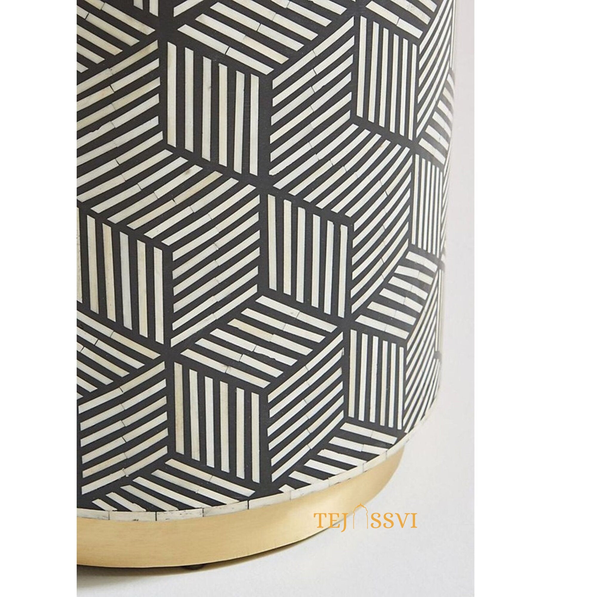 Bone Inlay Handmade Modern Cylindrical Design Side Table | Round Bone Inlay Stool in Black | sofa side Table, Modern Luxury Furniture.