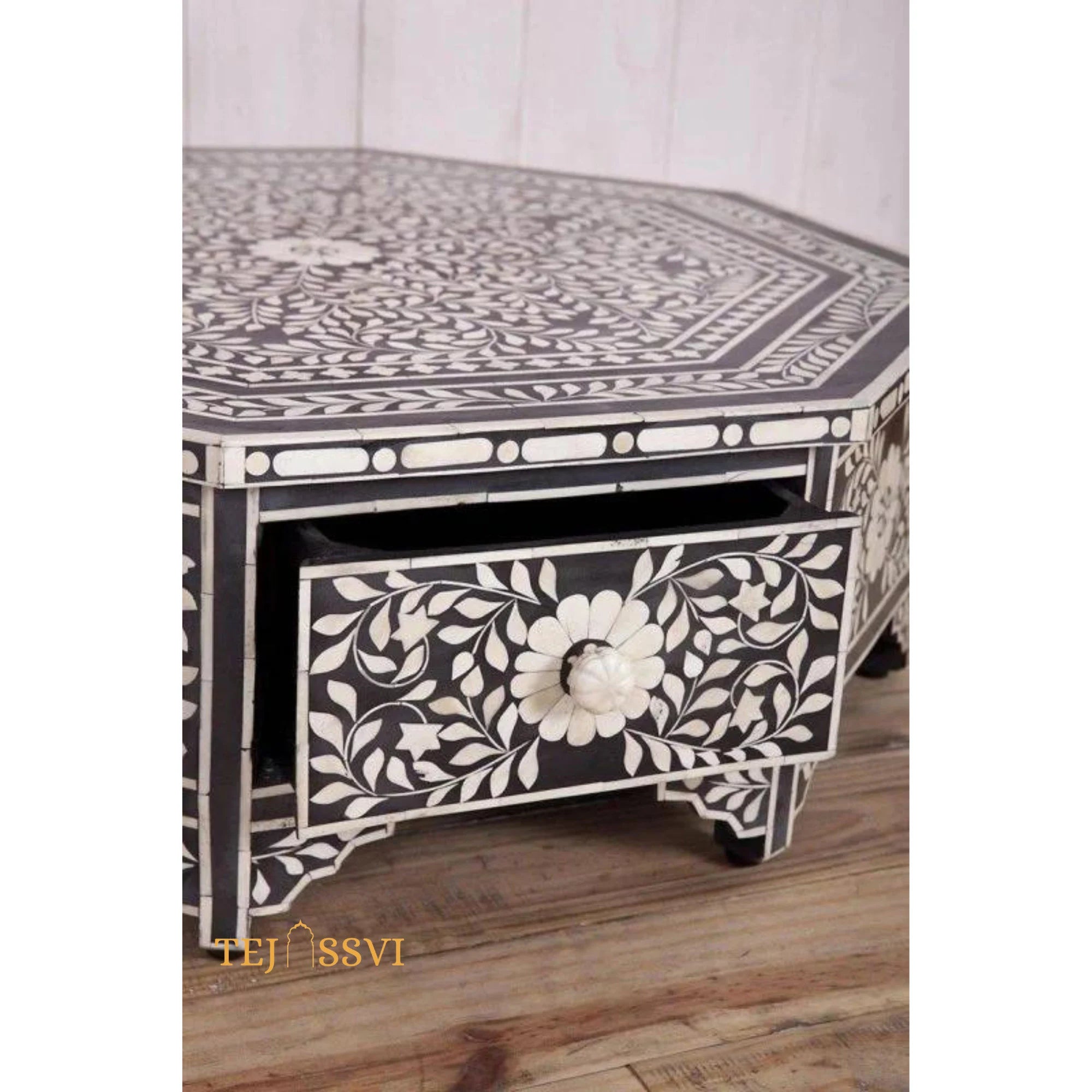 Handmade Floral Design Bone inlay Octagonal Coffee Table with Drawers, Floral Laptop Table, Bone Inlay  Cocktail Table, Modern Furniture