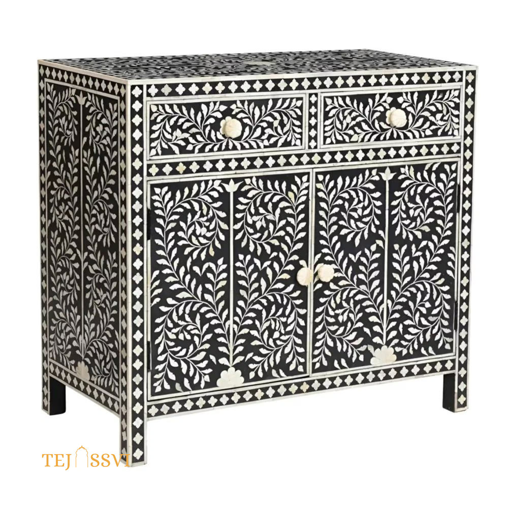 Bone Inlay Floral Design Entryway Cabinet | Bone Inlay 2 Drawer Cabinet | Inlay Chest of Drawers | Bone Inlay Dresser | Bone Inlay Sideboard.