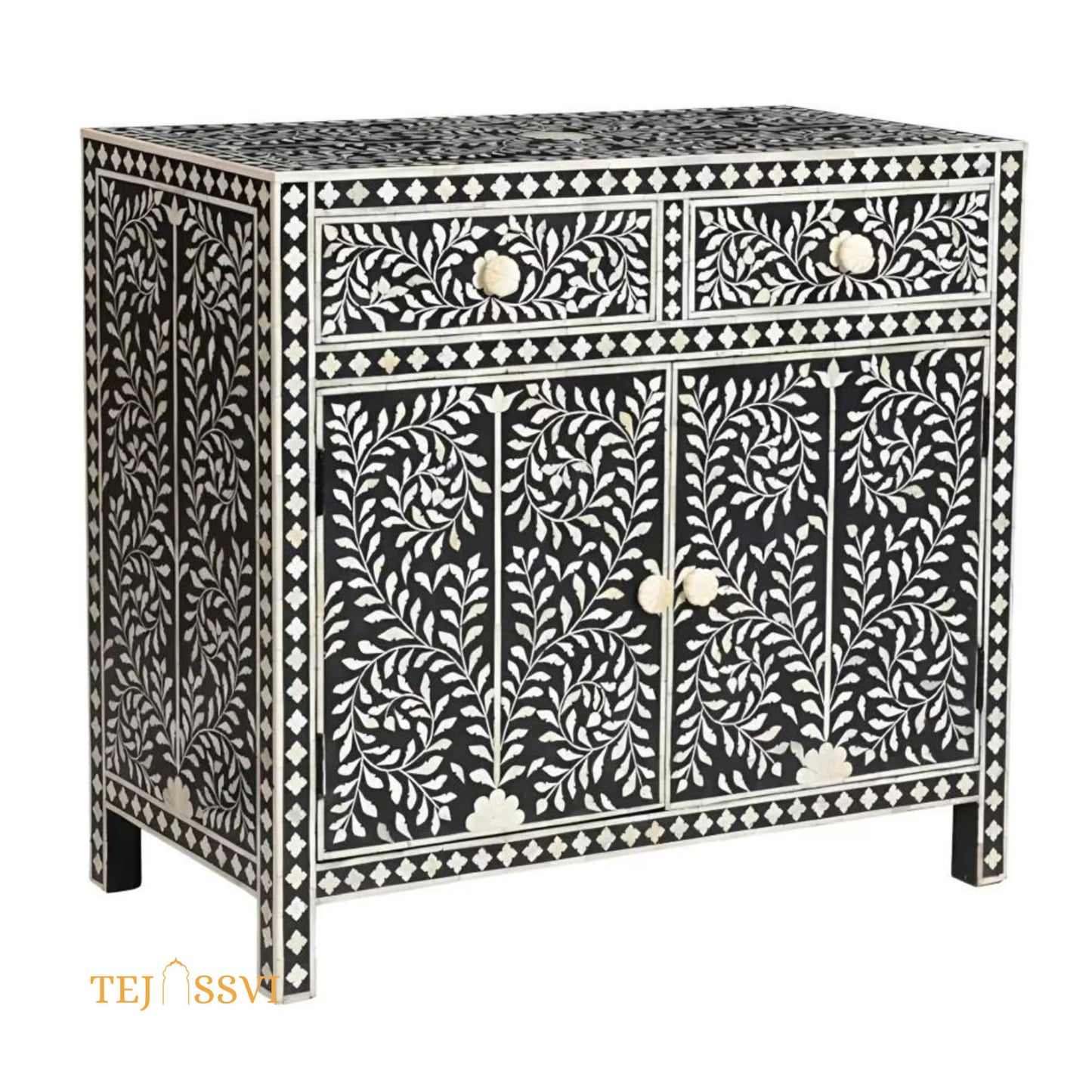 Bone Inlay Floral Design Entryway Cabinet Black | Bone Inlay 2 Drawer Cabinet,Inlay Chest of Drawers,Bone Inlay Dresser,Bone Inlay Sideboard