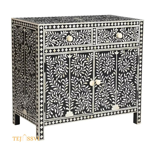 Bone Inlay Floral Design Entryway Cabinet Black | Bone Inlay 2 Drawer Cabinet,Inlay Chest of Drawers,Bone Inlay Dresser,Bone Inlay Sideboard