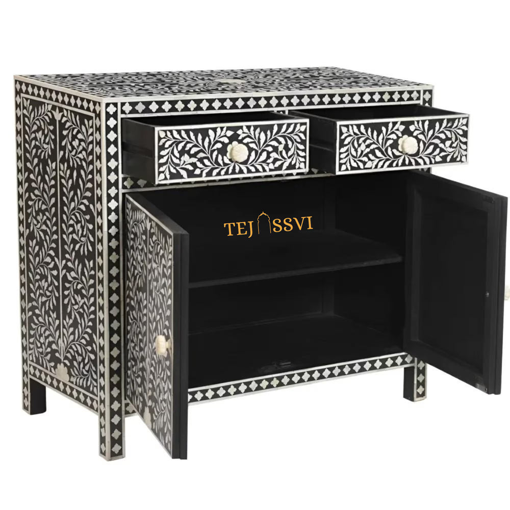 Bone Inlay Floral Design Entryway Cabinet | Bone Inlay 2 Drawer Cabinet | Inlay Chest of Drawers | Bone Inlay Dresser | Bone Inlay Sideboard.