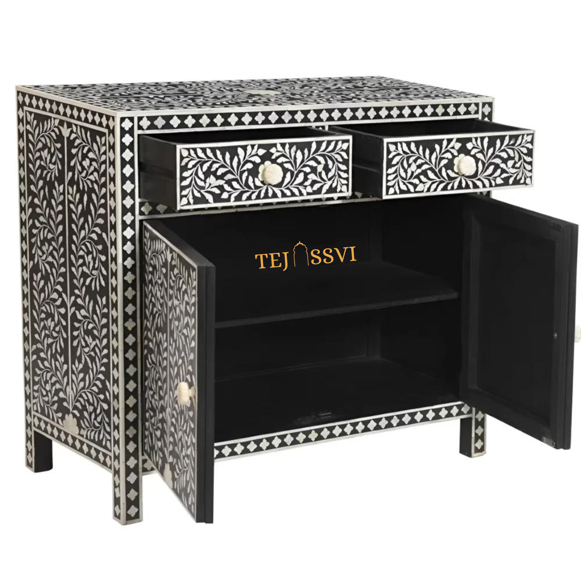 Bone Inlay Floral Design Entryway Cabinet | Bone Inlay 2 Drawer Cabinet | Inlay Chest of Drawers | Bone Inlay Dresser | Bone Inlay Sideboard.