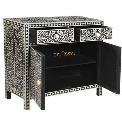 Bone Inlay Floral Design Entryway Cabinet Black | Bone Inlay 2 Drawer Cabinet,Inlay Chest of Drawers,Bone Inlay Dresser,Bone Inlay Sideboard