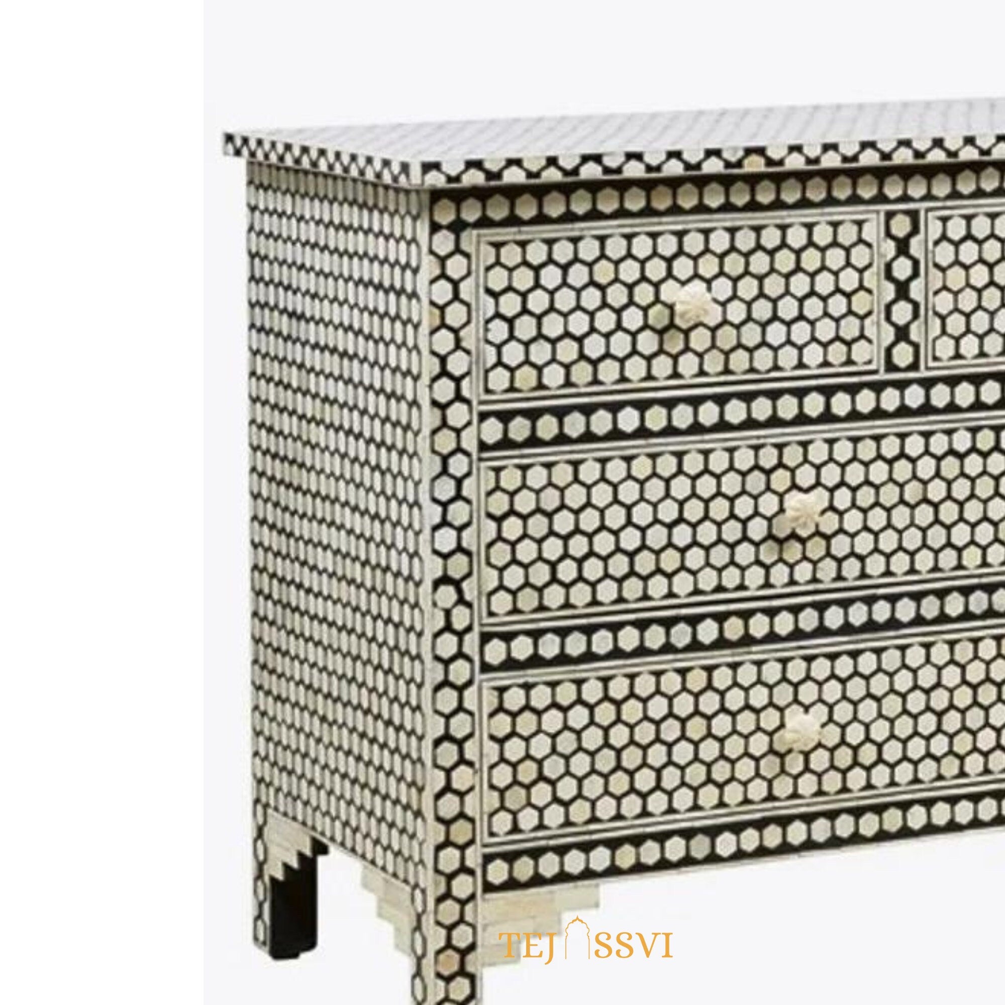 Handmade Bone Inlay Dresser / 7 Chest of Drawer Honeycomb Design Sideboards / Bone inlay Sideboard Honeycomb black / Inlay Furniture Sideboard Unit.