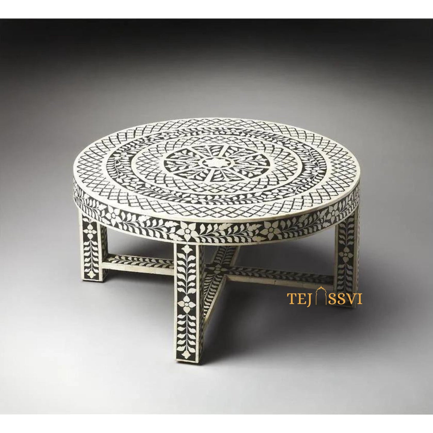 BONE Inlay Round Coffee Table / Centre Table, Bone Inlay  Floral design Round Coffee Table Handmade Bone Inlay Modern Pattern Furniture