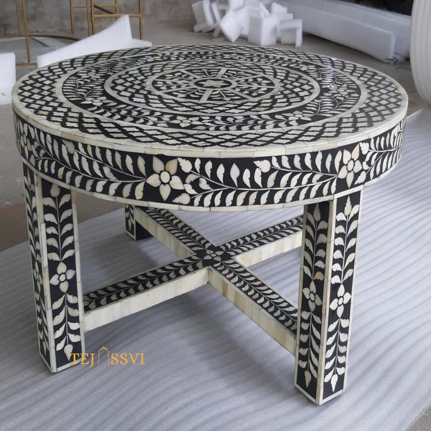 BONE Inlay Round Coffee Table / Centre Table, Bone Inlay  Floral design Round Coffee Table Handmade Bone Inlay Modern Pattern Furniture