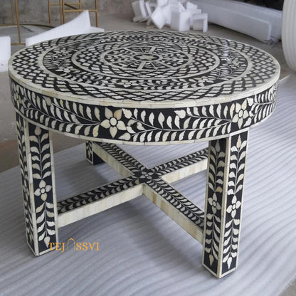 BONE Inlay Round Coffee Table / Centre Table, Bone Inlay  Floral design Round Coffee Table Handmade Bone Inlay Modern Pattern Furniture