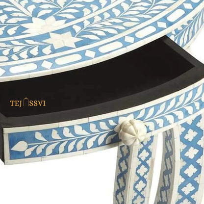 Handmade Bone Inlay Console Table, BONE INLAY TABLE, Semi-Round Coffee Table, Floral design bedside Table, Bone Inlay Cocktail Table