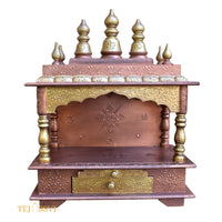 Copper Gold Wooden Open Temple Pooja Mandir | Beautiful Wall Hanging Small Wooden Temple for Home | Wooden Prayer Room, Alter, Pooja Ghar