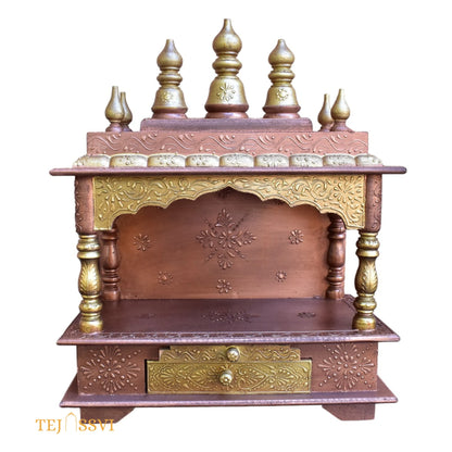 Copper Gold Wooden Open Temple Pooja Mandir | Beautiful Wall Hanging Small Wooden Temple for Home | Wooden Prayer Room, Alter, Pooja Ghar