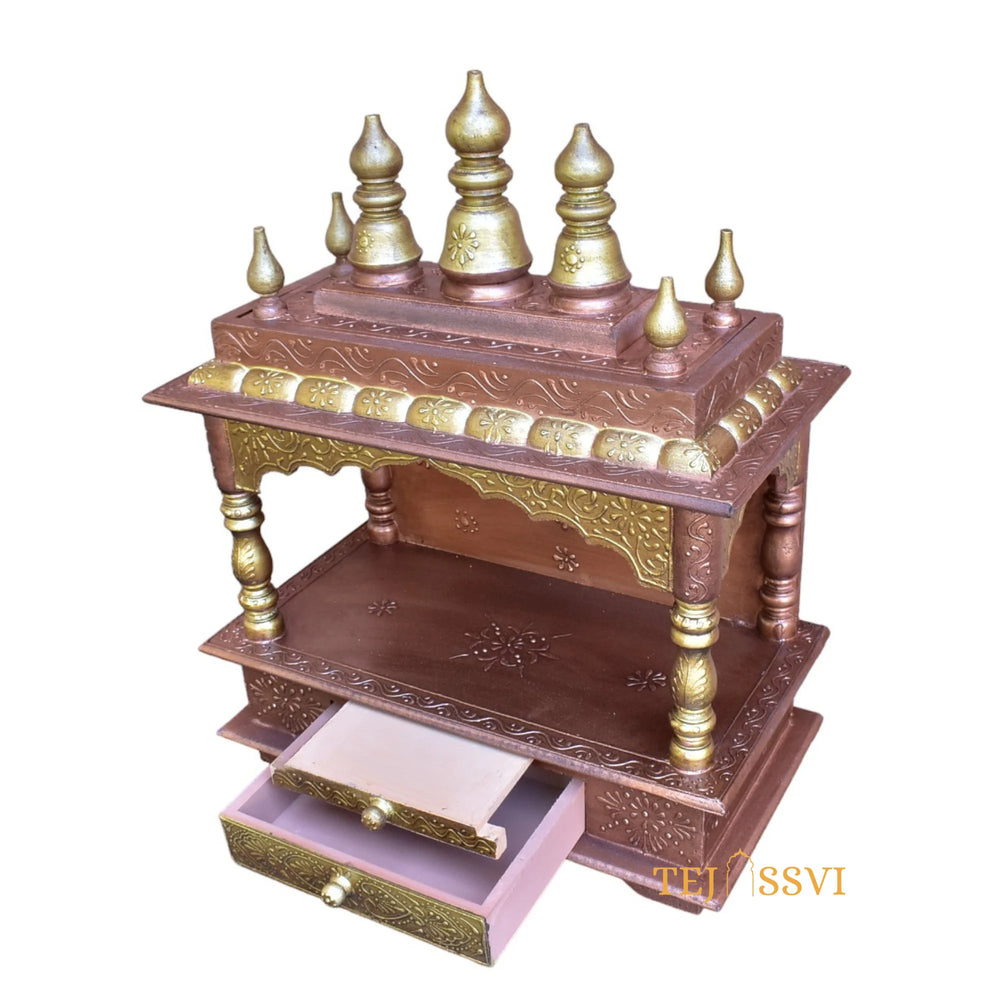 Copper Gold Wooden Open Temple Pooja Mandir | Beautiful Wall Hanging Small Wooden Temple for Home | Wooden Prayer Room, Alter, Pooja Ghar