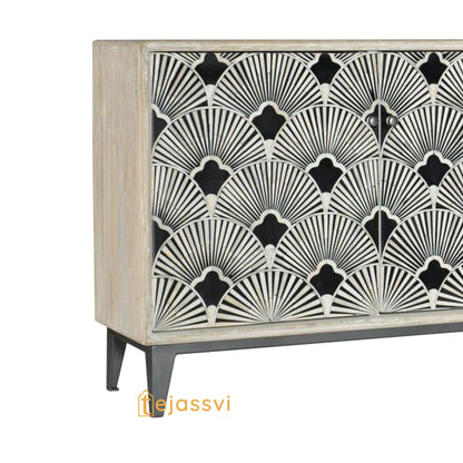 Bone Inlay Media Cabinet, Bone Inlay Flower Entertainment Credenza White  Finish Bone Optical Design Media Console, Bone Inlay Storage Unit