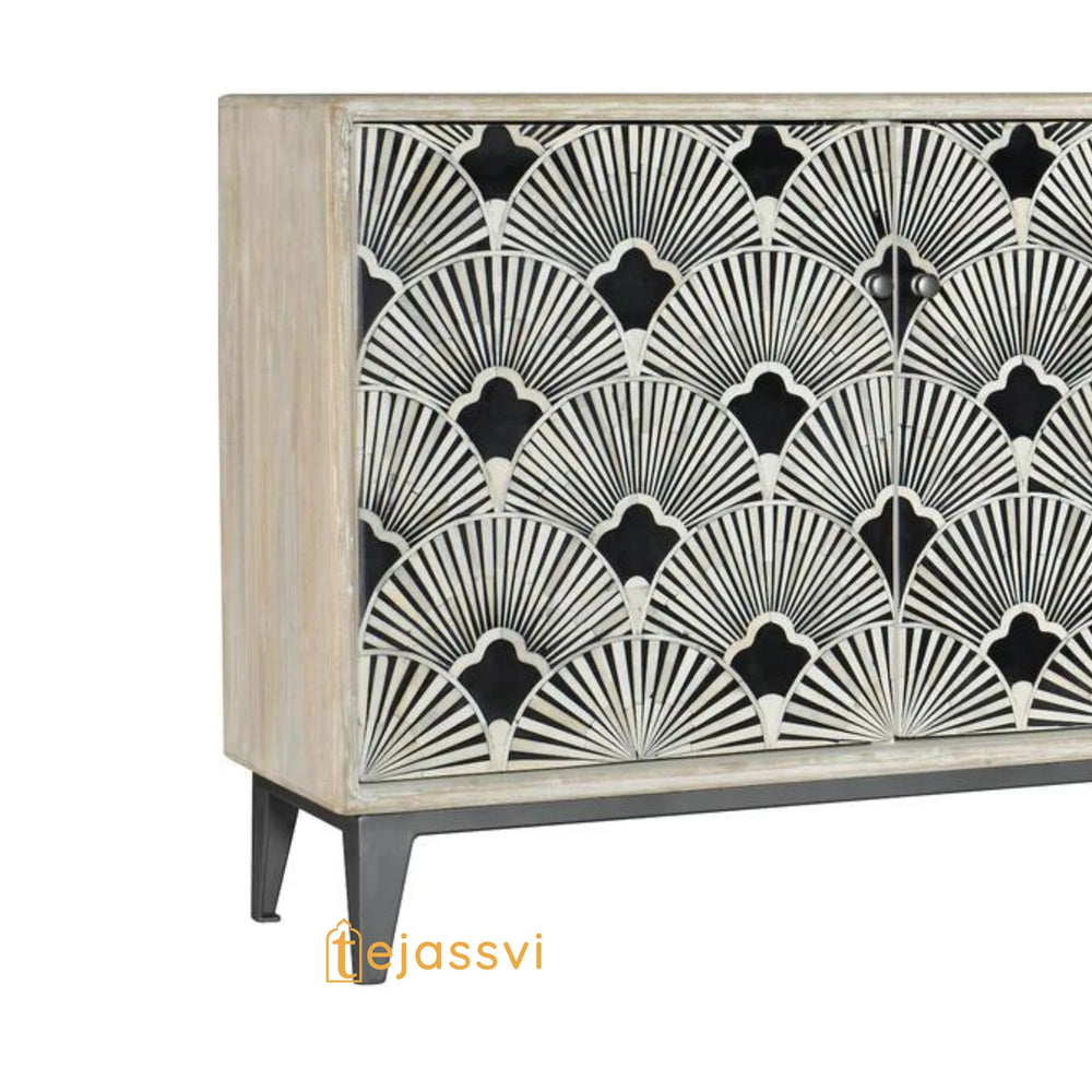 Bone Inlay Media Cabinet / Bone Inlay Flower Entertainment Credenza Finish / Bone Optical Design Media Console / Bone Inlay Storage Unit.