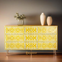 Bone Inlay Floral Pattern Chest of 9 Drawer / 9 Drawer Dresser / Wooden Bone Inlay Chest of Drawers / MOP Bone Inlay Furniture Sideboard Unit.