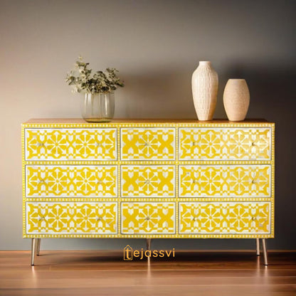 Bone Inlay  Floral Pattern Chest of 9 Drawer, 9 Drawer Dresser, wooden Bone Inlay Chest of Drawers, MOP Bone Inlay Furniture Sideboard Unit.