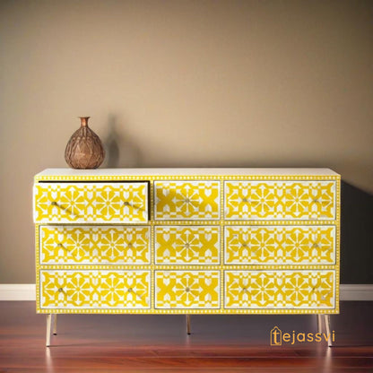 Bone Inlay  Floral Pattern Chest of 9 Drawer, 9 Drawer Dresser, wooden Bone Inlay Chest of Drawers, MOP Bone Inlay Furniture Sideboard Unit.