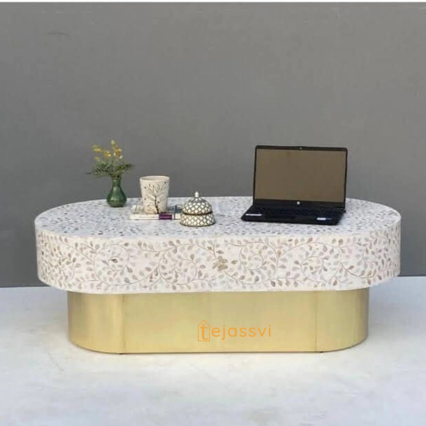 Mother of pearl Inlay Oval Coffee Table / Centre Table, MOP Inlay Floral Oval Coffee Table Handmade MOP Inlay Modern Pattern Furniture