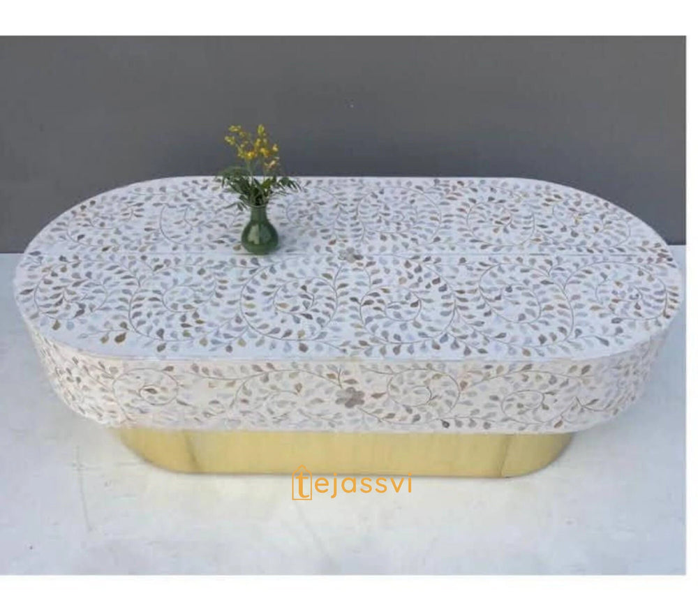 Mother of pearl Inlay Oval Coffee Table / Centre Table / MOP Inlay Floral Oval Coffee Table / Handmade MOP Inlay Modern Pattern Furniture.
