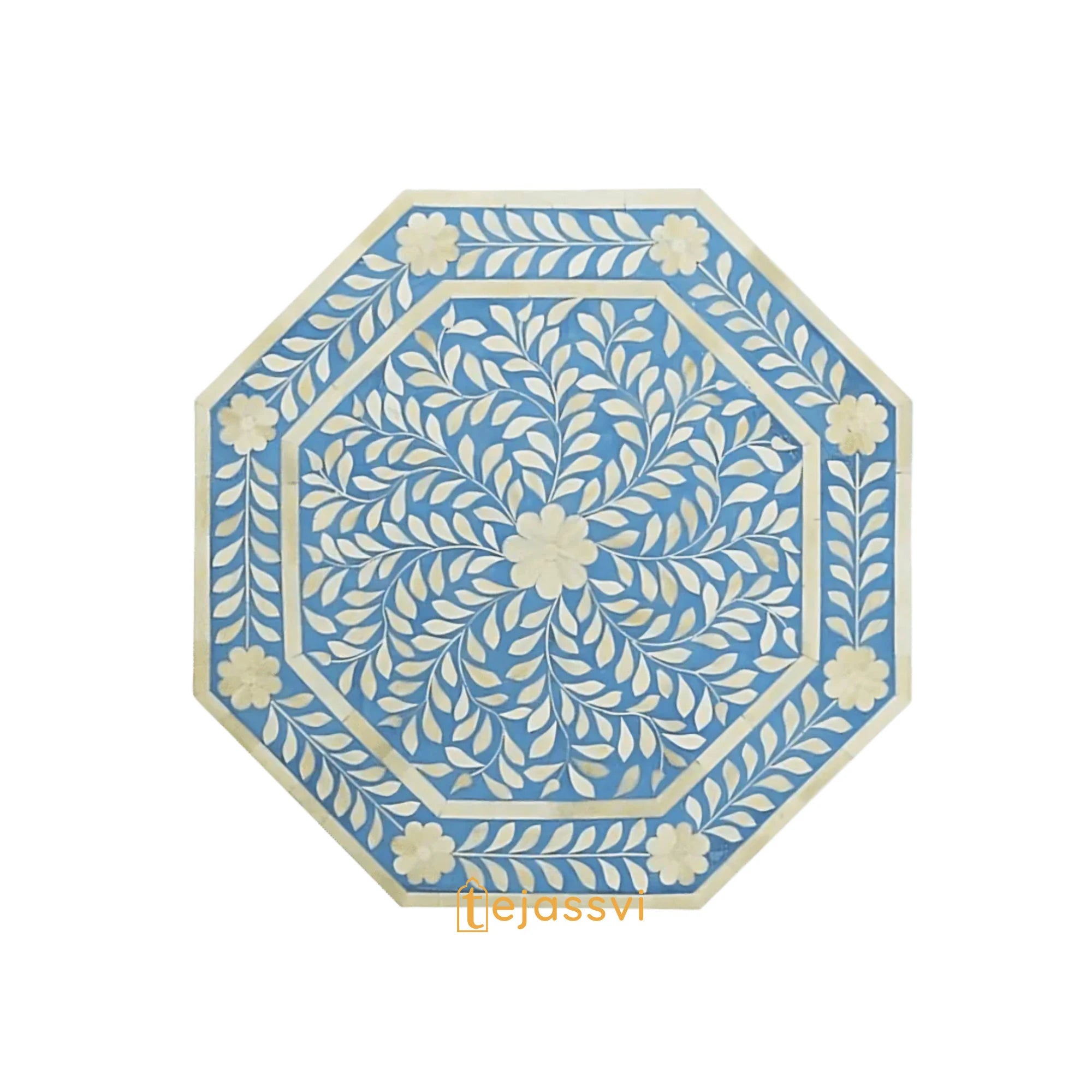 Handmade Bone Inlay Pedestal Side Table | Blue Floral Bone Inlay Pedestal Side Table | Bone Inlay Wooden Antique sofa side Table For Home Decor.