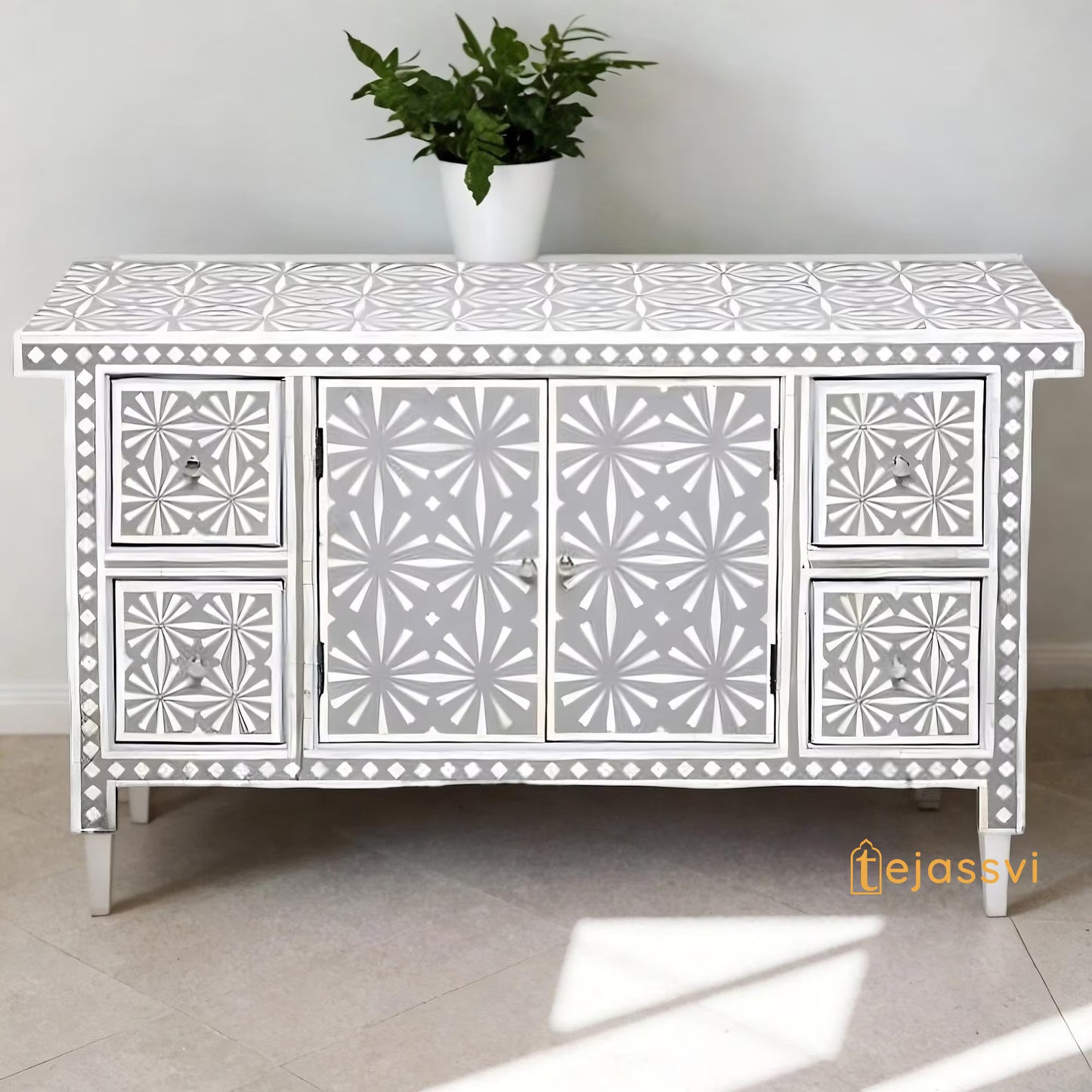 Handmade Bone Inlay Sideboard | Bone inlay 4 Drawer 1 Door Dresser/Storage Cabinet | Bone Inlay Sideboard Snow In Grey
