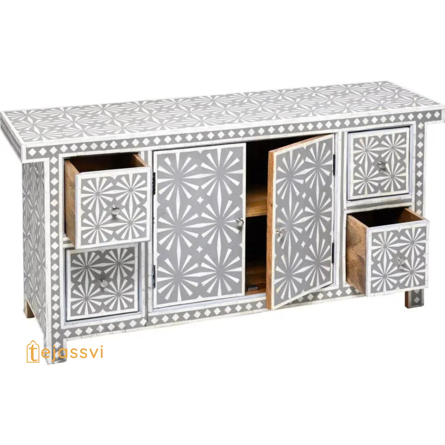 Handmade Bone Inlay Sideboard | Bone inlay 4 Drawer 1 Door Dresser/Storage Cabinet | Bone Inlay Sideboard Snow In Grey