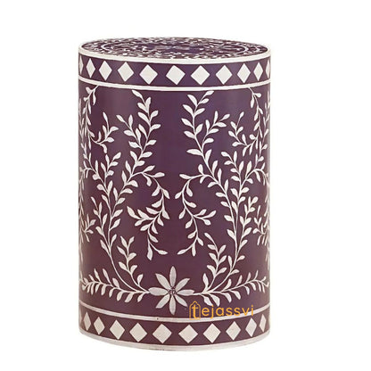Bone Inlay Handmade Modern Cylindrical Design Side Table | Tribal Bone Inlay Stool in Brown | sofa side Table, Modern Luxury Furniture.