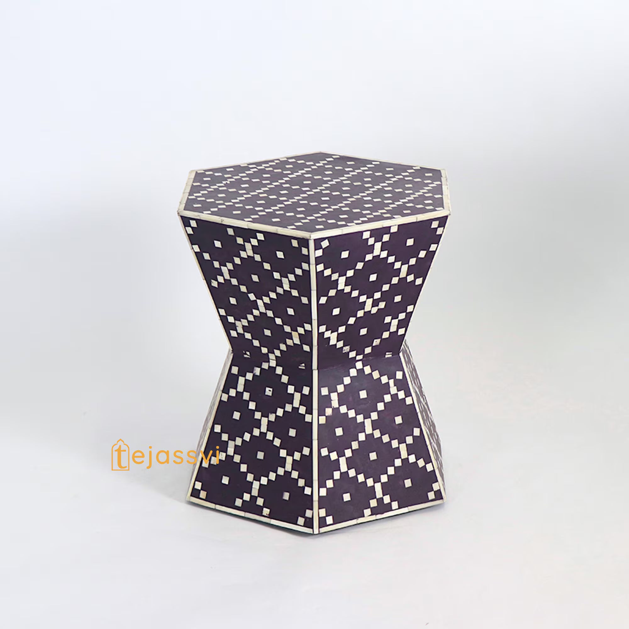 Handmade Bone Inlay Hexagon Side Table | Bone Inlay Side Table | Modern Luxury Furniture/bone inlay nightstand / Bone Inlay Side Table .