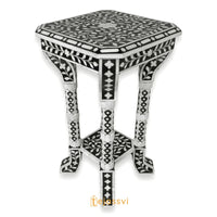 Bone Inlay Floral Black & White Accent Table / End Table for Living Room | Bone Inlay Side Table | Modern Luxury Furniture.