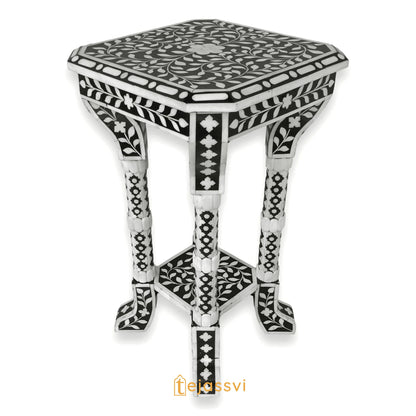 FLORAL BONE INLAY Black & White 12 inch Accent Table / End Table for Living Room | Bone Inlay Side Table | Modern Luxury Furniture
