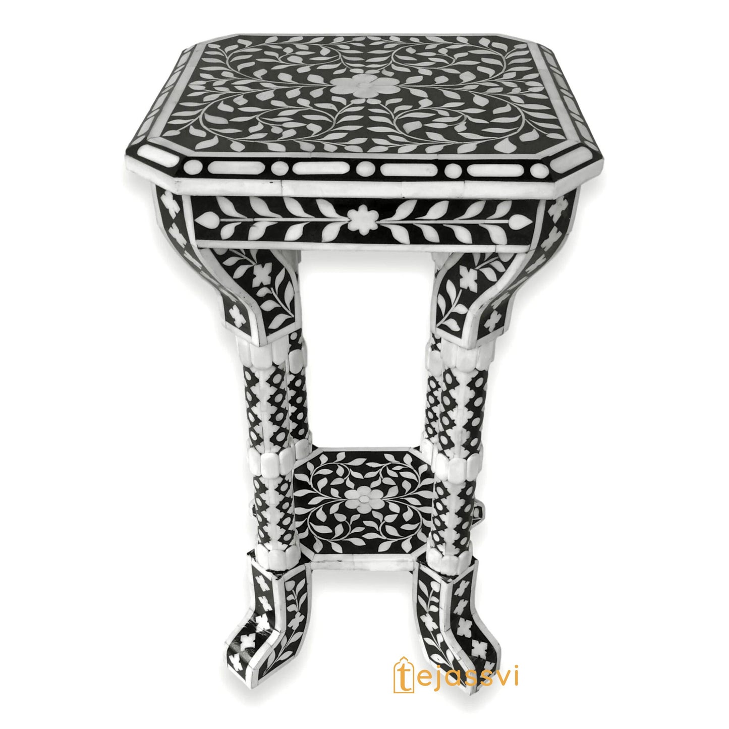 FLORAL BONE INLAY Black & White 12 inch Accent Table / End Table for Living Room | Bone Inlay Side Table | Modern Luxury Furniture