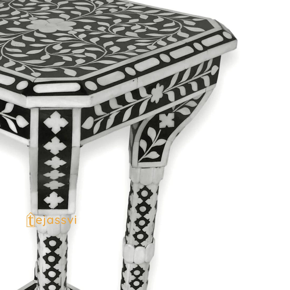 Bone Inlay Floral Black & White Accent Table / End Table for Living Room | Bone Inlay Side Table | Modern Luxury Furniture.