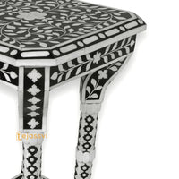 Bone Inlay Floral Black & White Accent Table / End Table for Living Room | Bone Inlay Side Table | Modern Luxury Furniture.