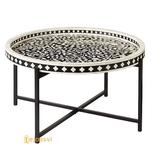 Bone Inlay Tray Coffee Table in Black & White Finish | Center table, BONE INLAY Round End TABLE, Floral design Cocktail Table, Unique table