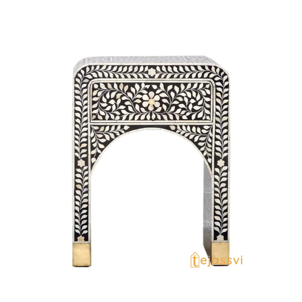 Bone Inlay Curved Bedside Floral Table, Bedside, Bone Inlay Bedside Wooden Modern Floral Bedside /Side table / 1 Drawer Bone Inlay Nightstand.